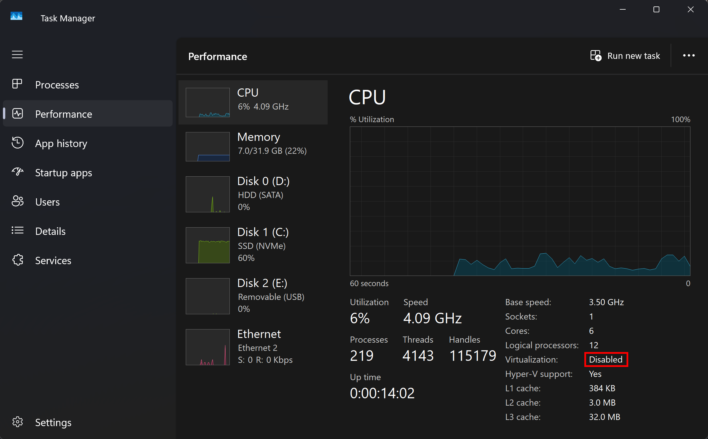 The Task Manager showing virtualization disabled