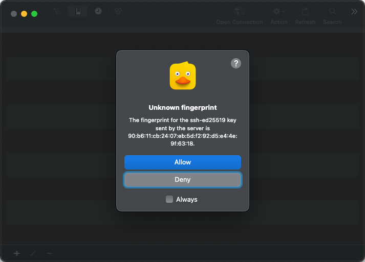 Cyberduck showing the server’s key fingerprint