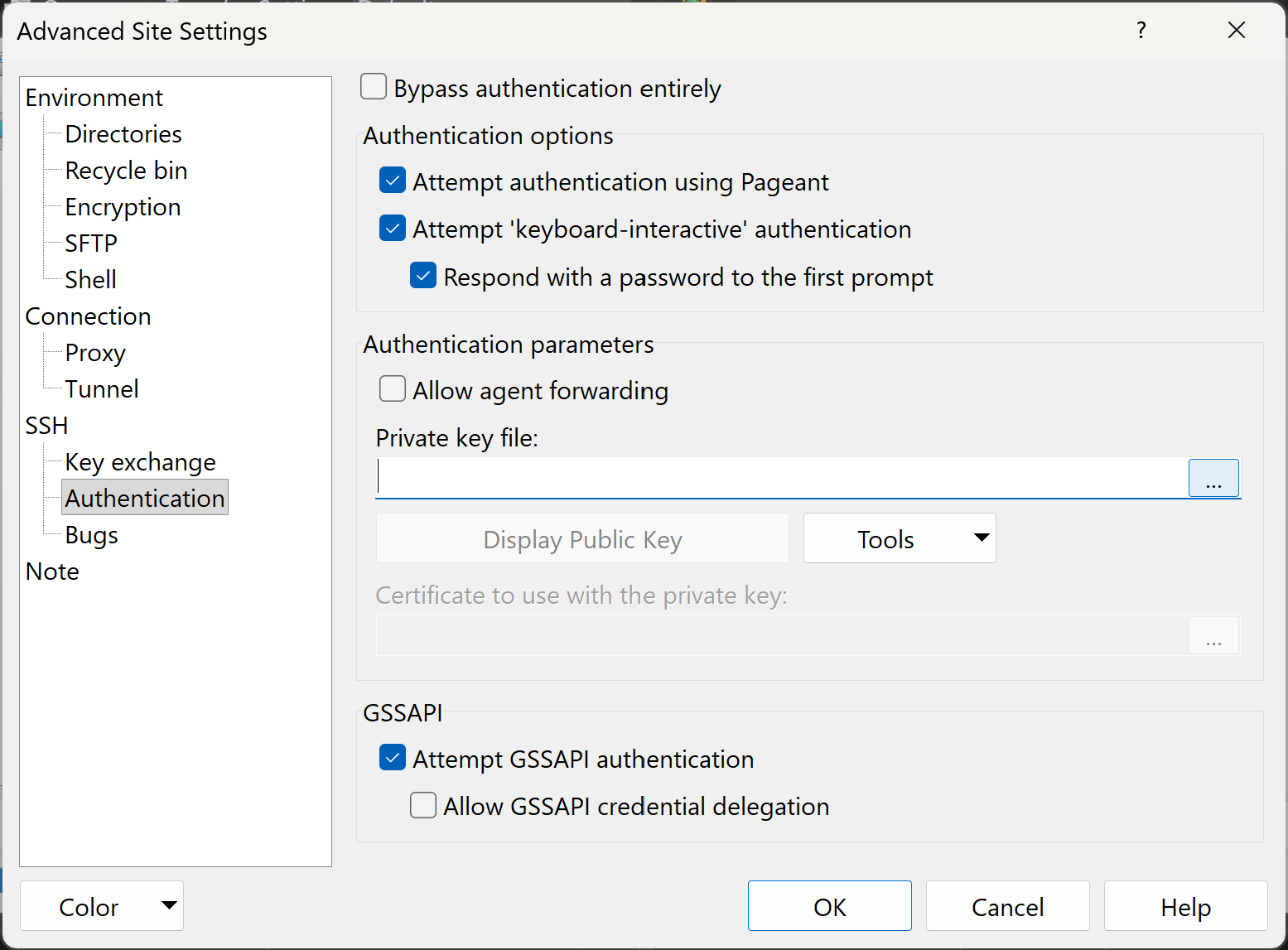 WinSCP’s authentication settings