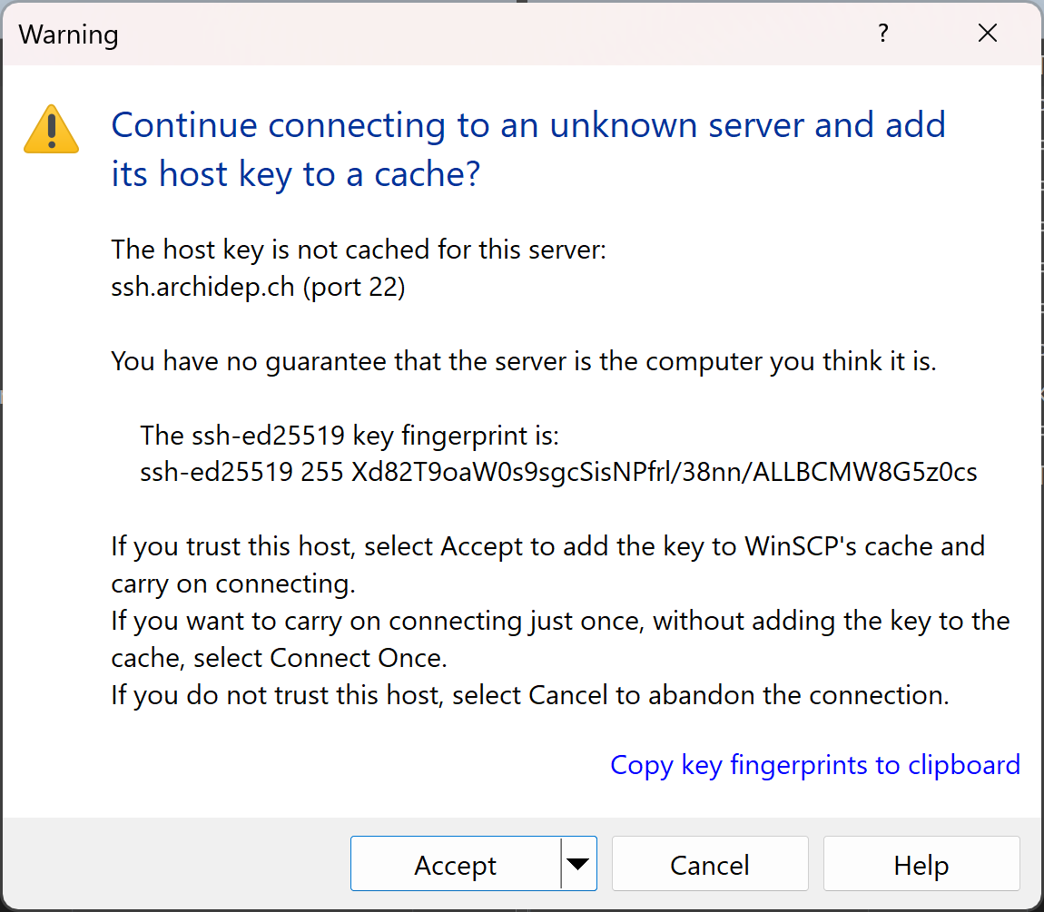 WinSCP showing the server’s host key