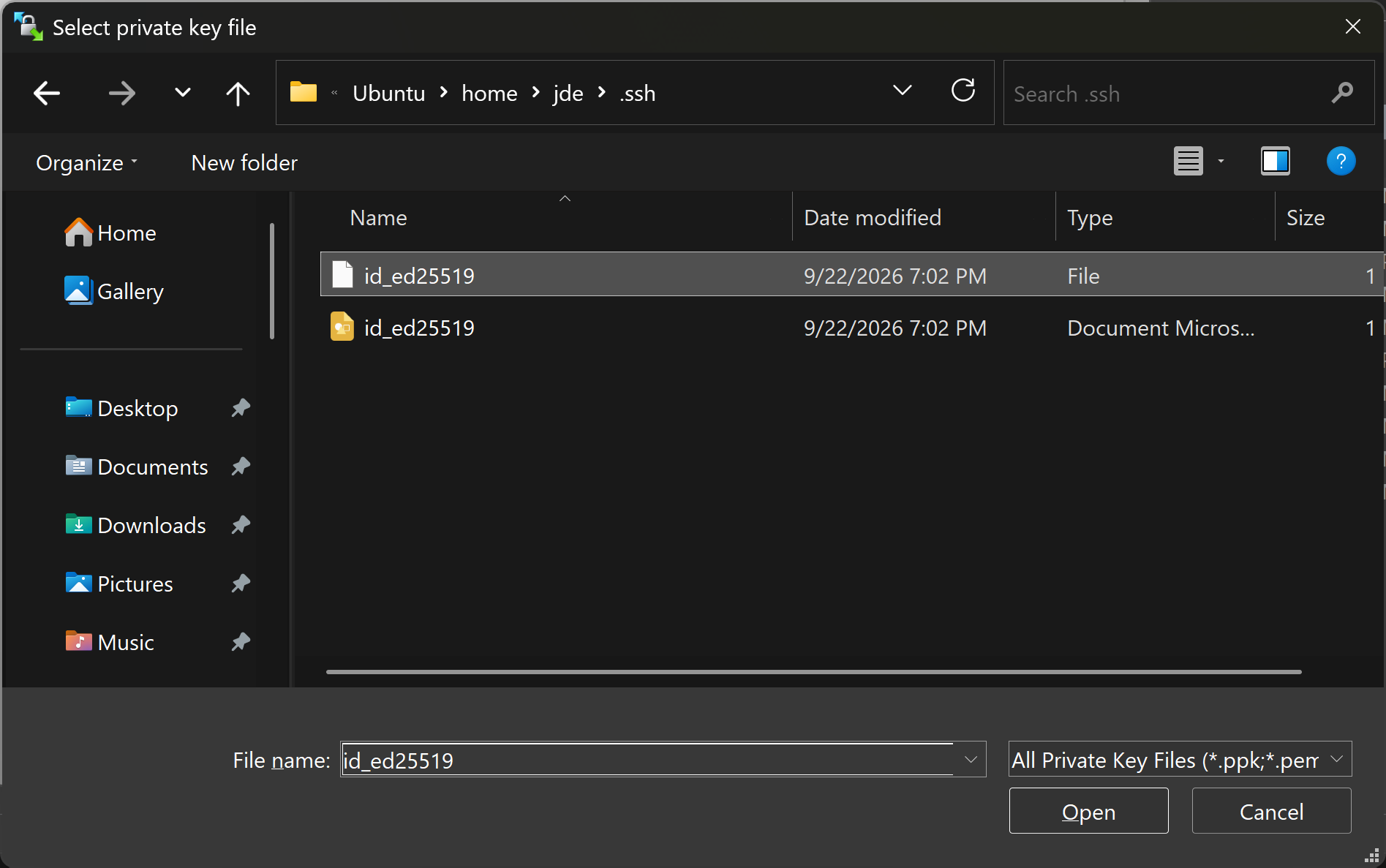 Selecting the private key in the WSL