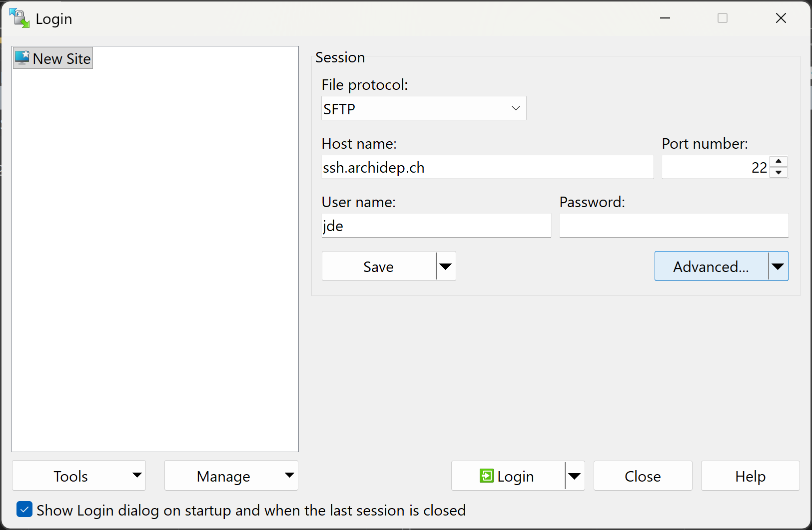 WinSCP’s login window