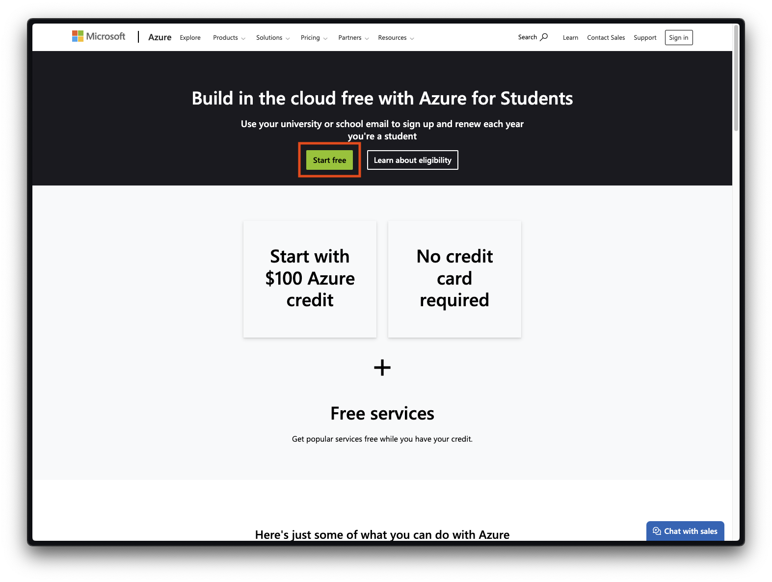 Azure for Students Landing Page