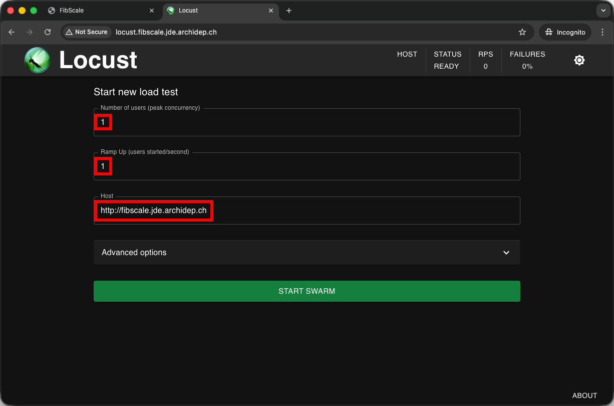 Configure Locust with 1 user