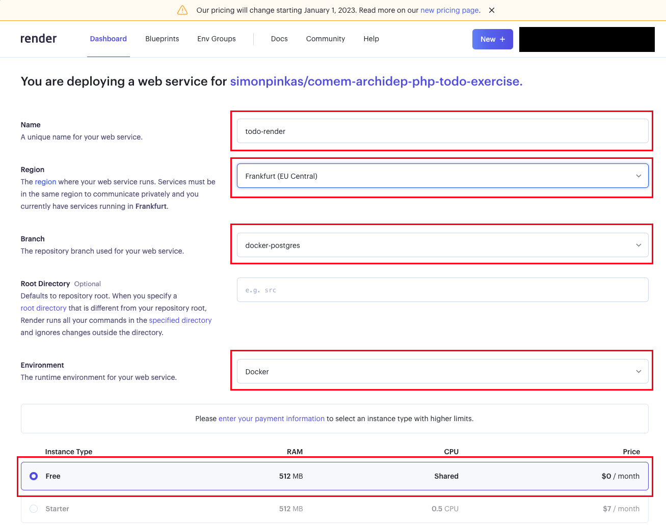 Render web service configuration